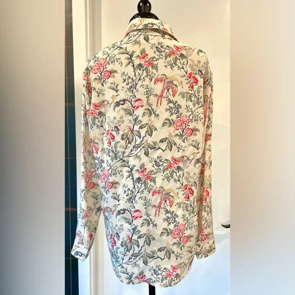 The Kooples silk button down shirt w/floral tropical bird print, cream/pink, XS - Picture 5 of 10